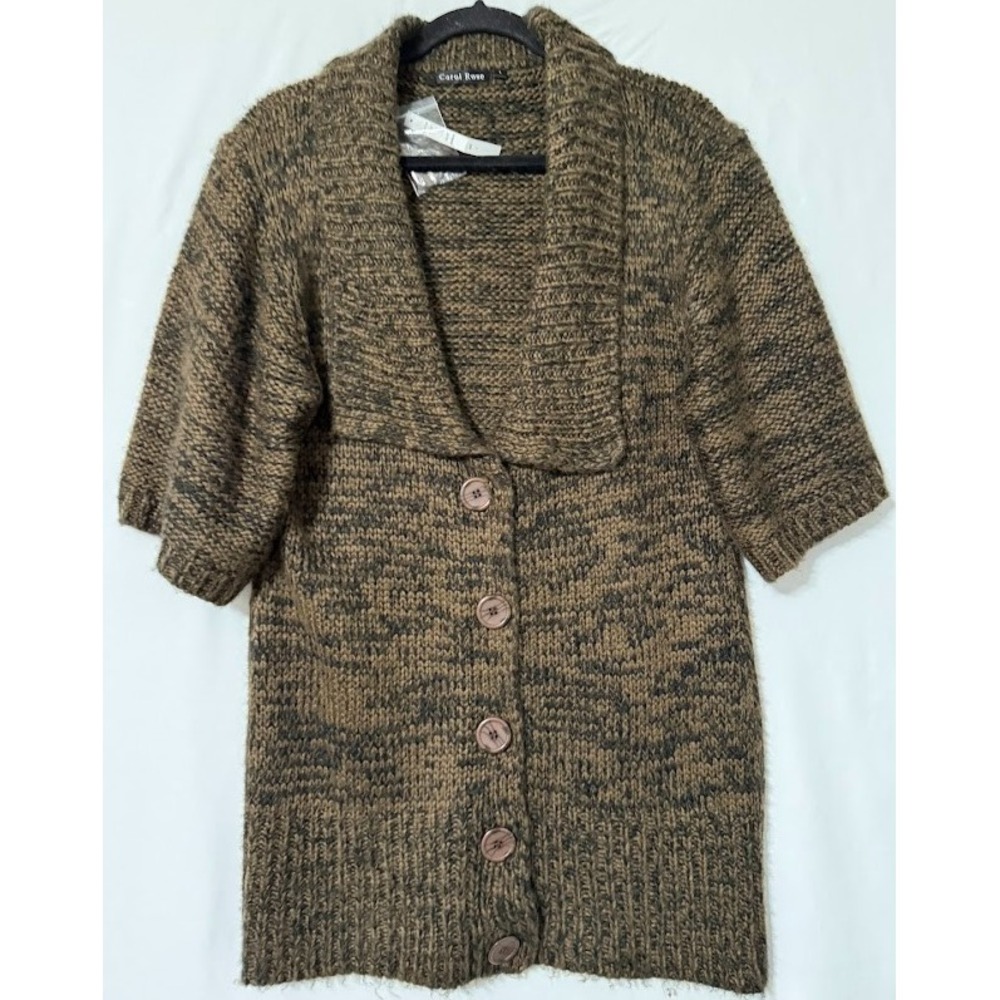 Carol‎ Rose Sweater Cardigan Women L Brown Black Shawl Collar Knit Button Front